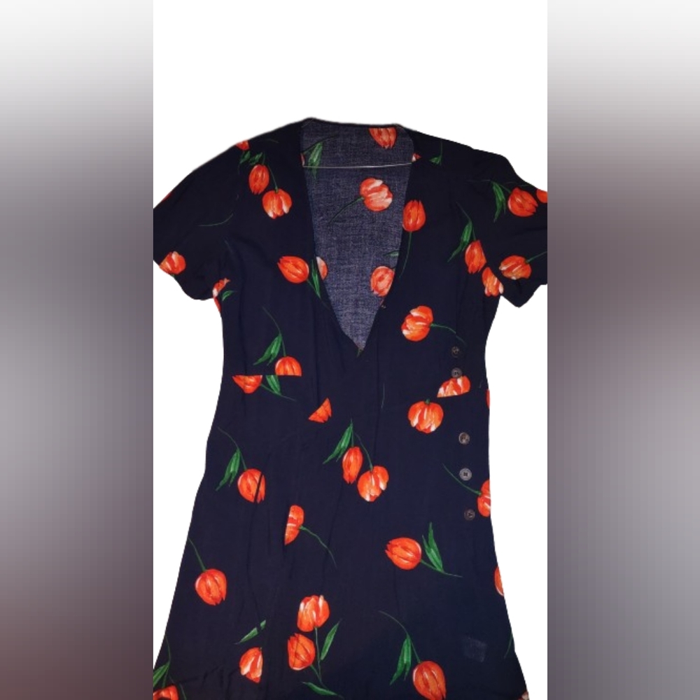Deep Blue Blouse with Tulips